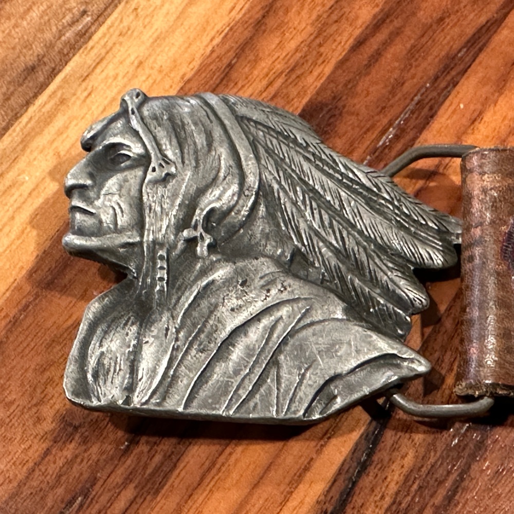 Vintage Indiana Metal Craft Indian Chief Buckle with Leather Belt